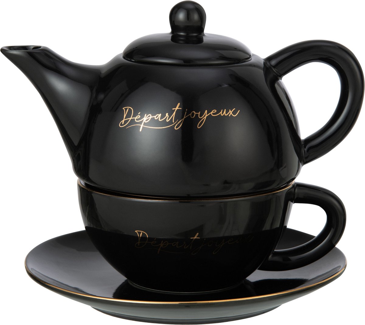 J-Line theekopje + theepot 'Départ Joyeux' - porselein - zwart|goud