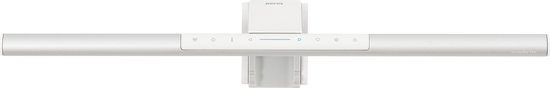 Zilverwitte BenQ Screenbar Pro monitorlamp met bedieningspaneel met symbolen voor helderheid en kleurtemperatuur.