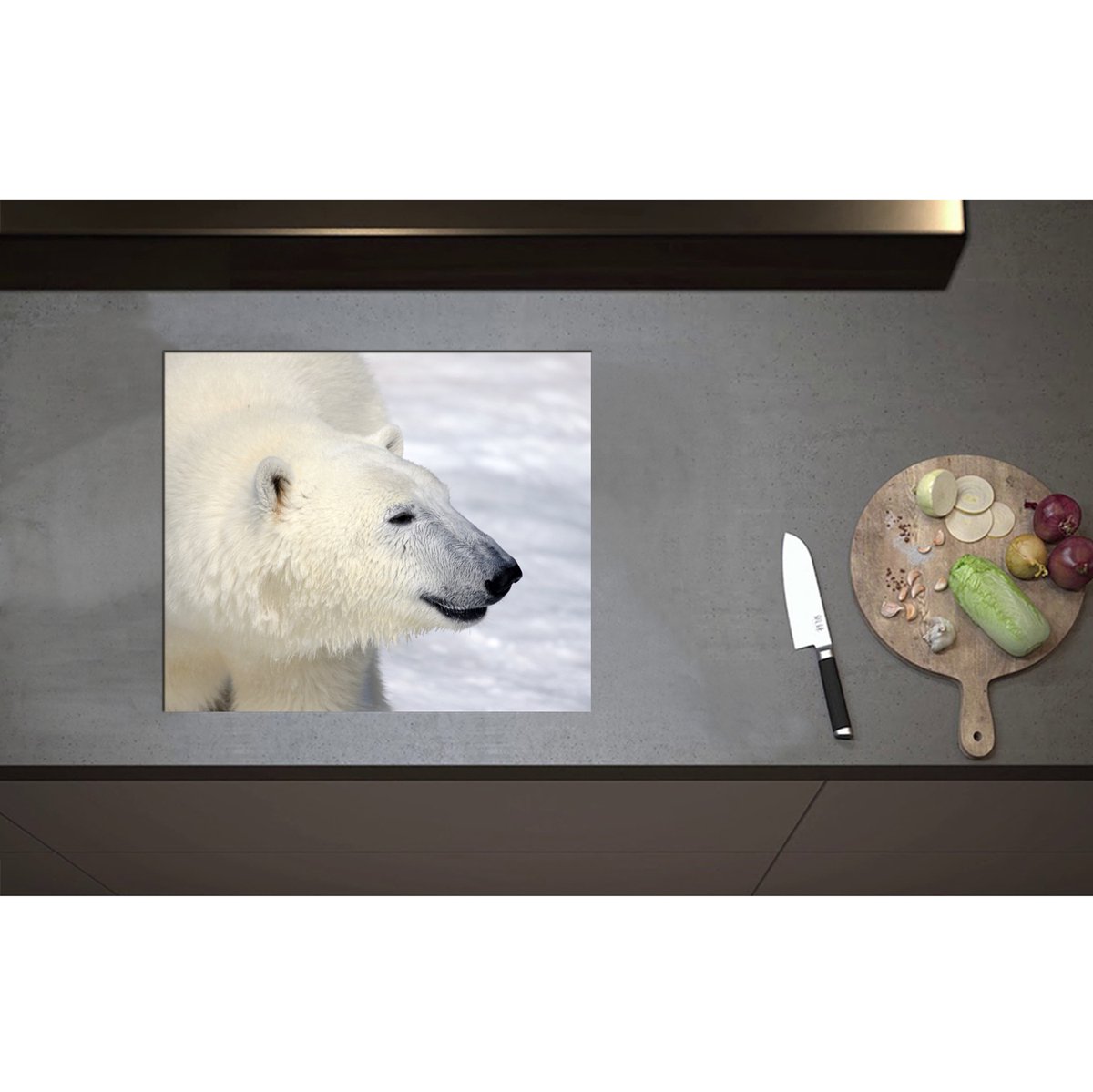 Inductieplaat Beschermer - Blije IJsbeer in de Sneeuw - 59x50 cm - 2 mm Dik - Inductie Beschermer - Bescherming Inductiekookplaat - Kookplaat Beschermer van Zwart Vinyl