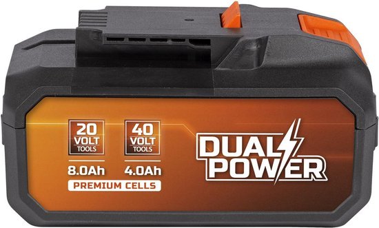 Zwarte 20V/40V Dual Power accu met oranje ontgrendelingsknop en laadindicatoren.