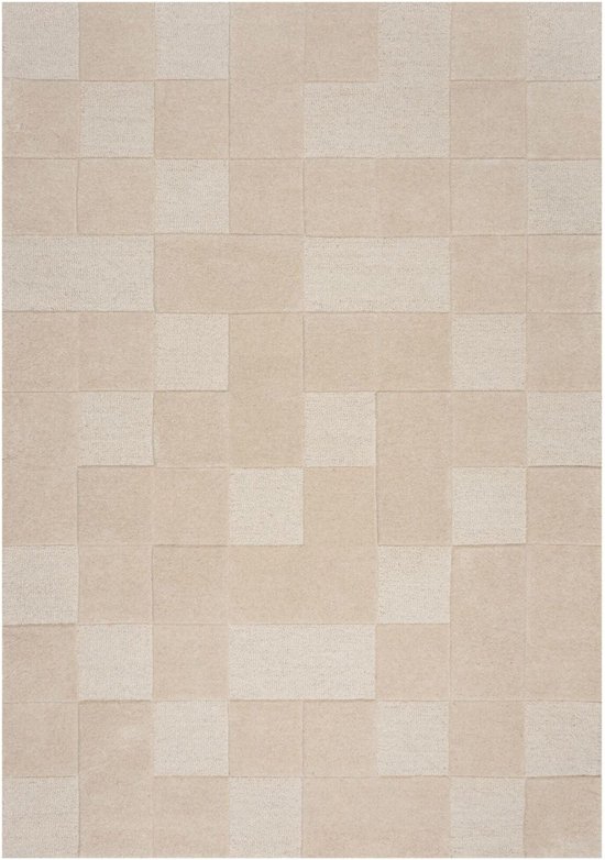 Een naturelkleurig vloerkleed met een geometrisch blokpatroon in verschillende tinten beige.