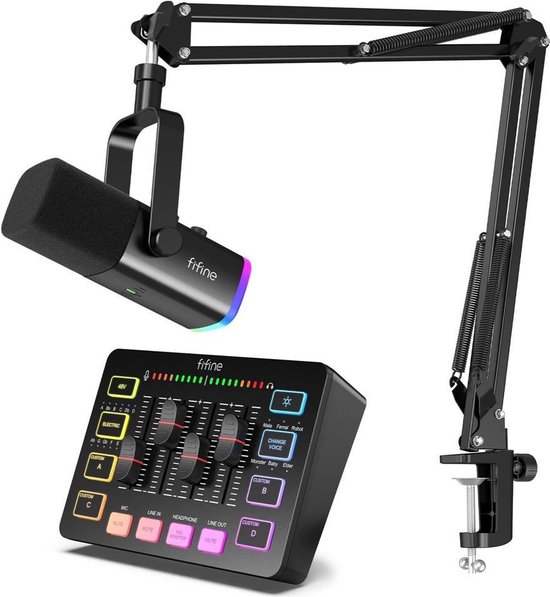 FIFINE - Starterspack 2.0 - AM8T & SC3 - Podcast Starterspack - Gaming Streaming - USB RGB Microfoon met Boom Arm - Streaming Deck - DJ Mixer