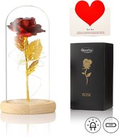 Rose en Glas avec LED - Rose dorée dans une cloche en Verres - Connu de la Beauty et la Bête - Cadeau pour une amie mère elle - Pied léger - Qwality