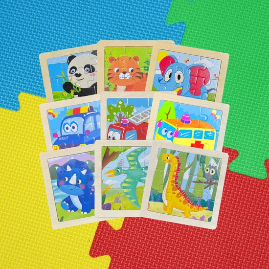 Puzzle enfant Bois - Puzzle 9 pièces - 9 puzzles - Puzzle en bois - Forfait économique - Animaux - Voitures - Dinos