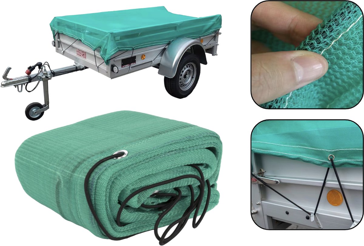 PD® Aanhangernet Fijnmazig XXL - 350 x 180 CM - met Elastiek - KWALITEIT - Groen - Met metalen Oogjes - Zeer Stevig - Aanhangwagennetten - Geschikt voor Aanhangwagens - In Handige Tas