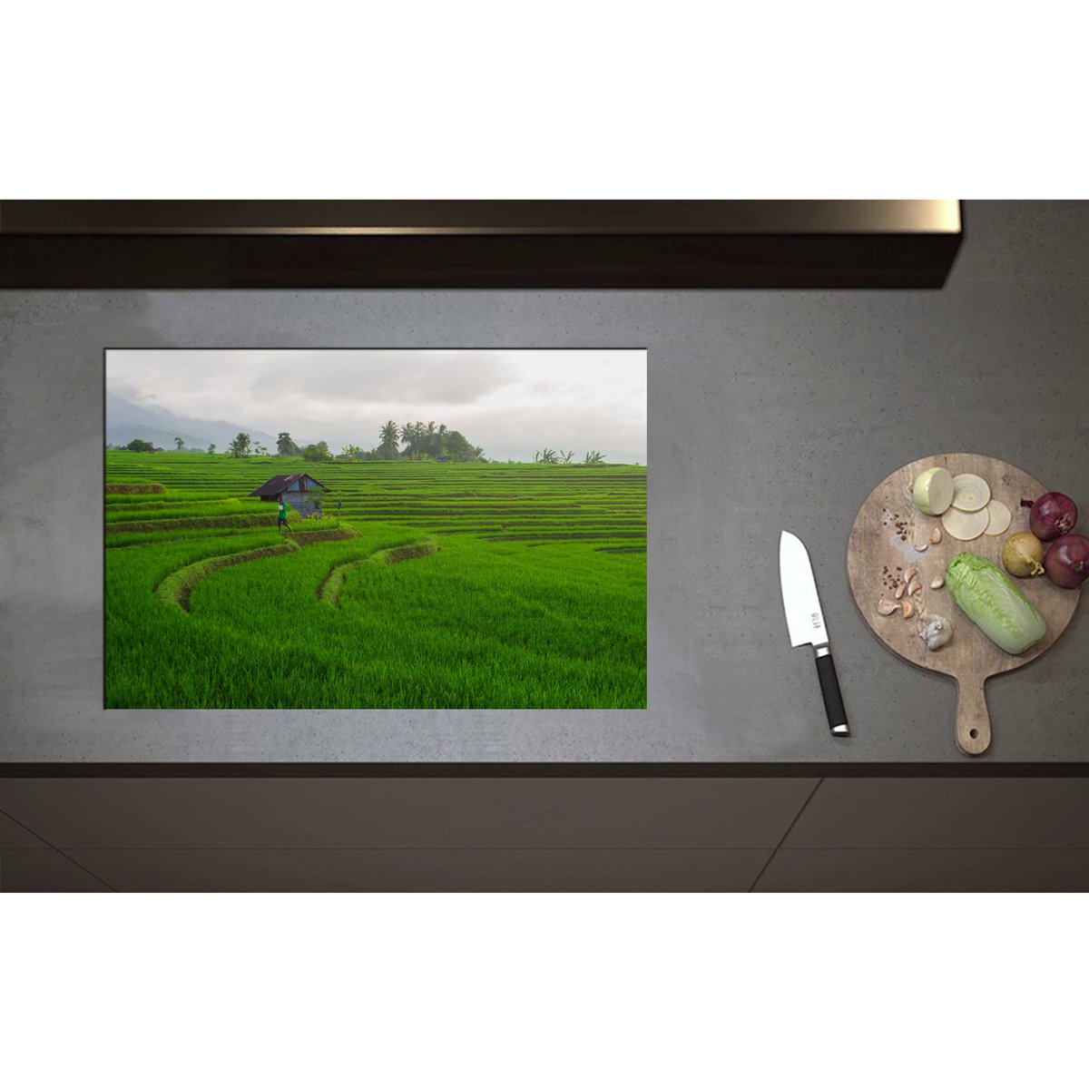 Inductieplaat Beschermer - Boer Werkend op de Rijstvelden in Indonesië - 75x50 cm - 2 mm Dik - Inductie Beschermer - Bescherming Inductiekookplaat - Kookplaat Beschermer van Wit Vinyl