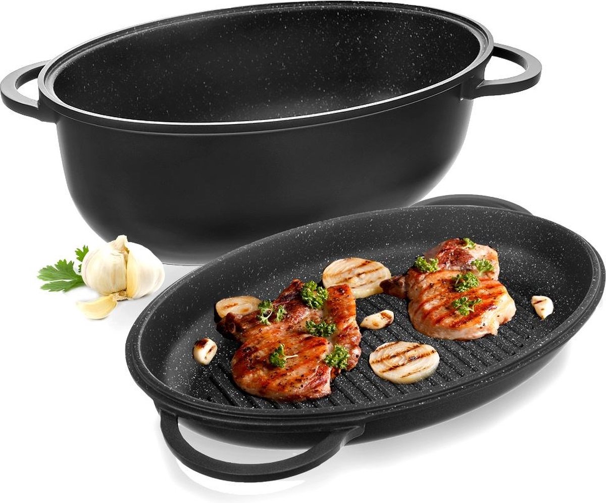Braadslede Graniet met Deksel 2W1 GRANDE 10 l, 43x28 cm - Ovenschaal - Braadpan