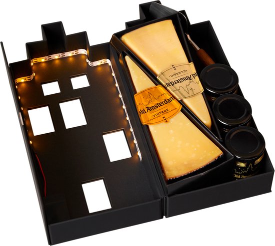 Open Old Amsterdam cadeauverpakking met 2 kazen, 3 mini-chutneys, kaasschaaf en verlichting.