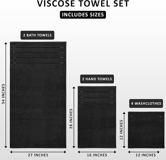8-delige luxe handdoekenset, 2 badhanddoeken, 2 handdoeken en 4 washandjes, 97% ringgesponnen katoen zeer absorberend viscose streep handdoeken ideaal voor dagelijks gebruik (Zwart)