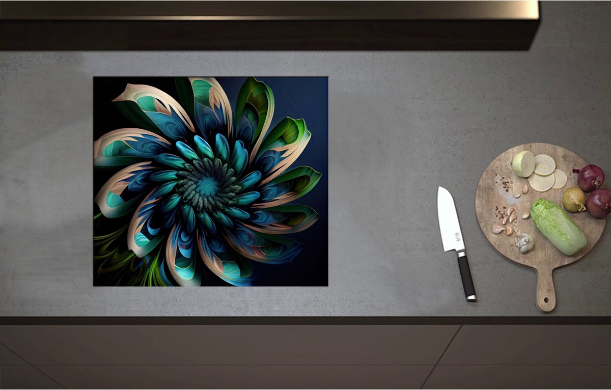 Inductieplaat Beschermer - Bloem in Blauw en Groen Tinten - 58x52 cm - 2 mm Dik - Inductie Beschermer - Bescherming Inductiekookplaat - Kookplaat Beschermer van Wit Vinyl