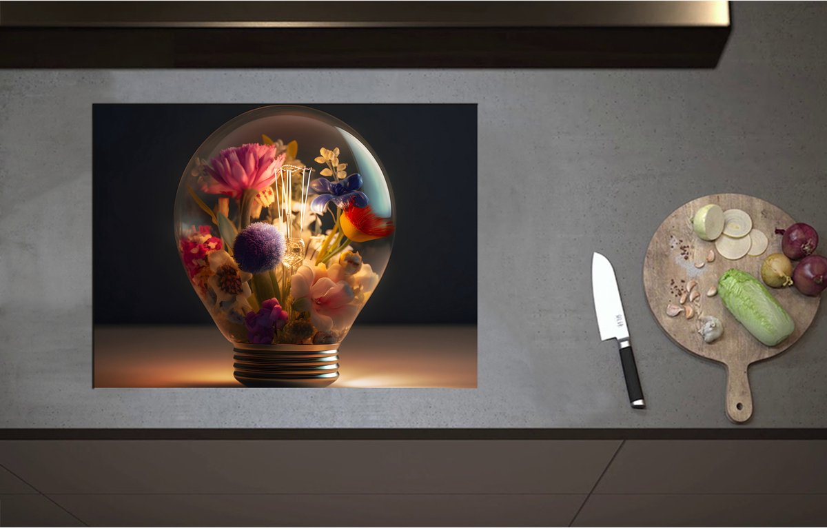 Inductieplaat Beschermer - Bloemboeket Groeiend in Lichtgevende Lamp - 70x52 cm - 2 mm Dik - Inductie Beschermer - Bescherming Inductiekookplaat - Kookplaat Beschermer van Wit Vinyl