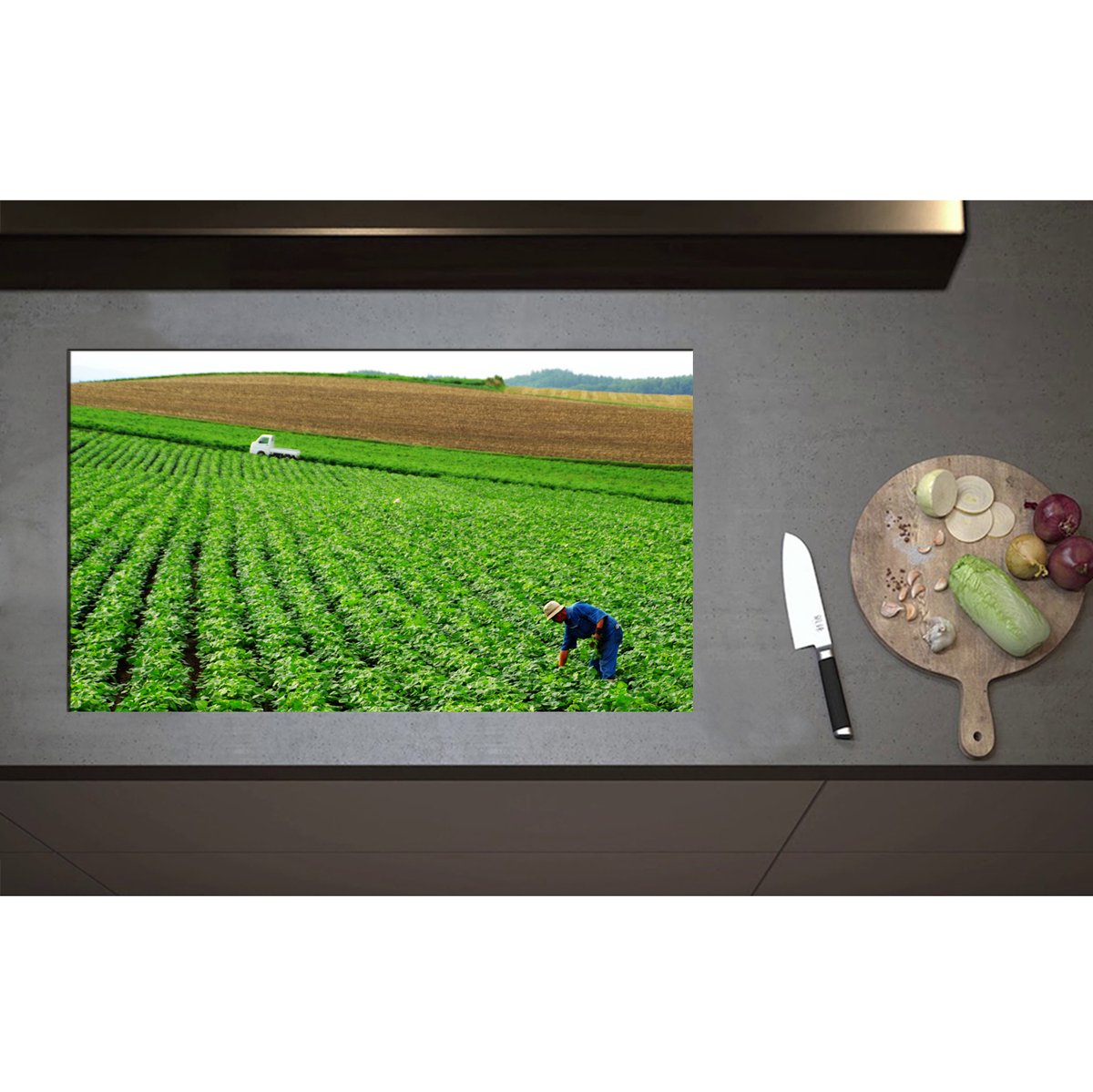 Inductieplaat Beschermer - Boer werkend op het Land vol Gewassen - 85x50 cm - 2 mm Dik - Inductie Beschermer - Bescherming Inductiekookplaat - Kookplaat Beschermer van Zwart Vinyl