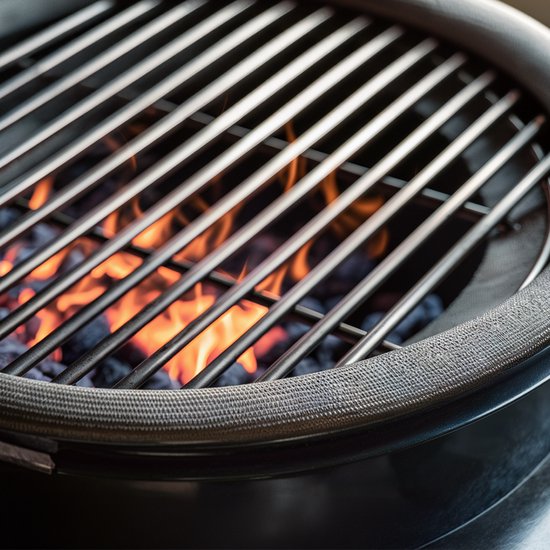 Grillrooster met vlammen die onder de roosters door laaien.
