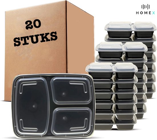 Home X - Meal prep bakjes - 20 Stuks - 3 compartimenten - Vershouddoos - Vershoudbakjes - mealprep - Lunchbox - Plastic bakjes met deksel - 1L - Magnetron bakjes met deksel