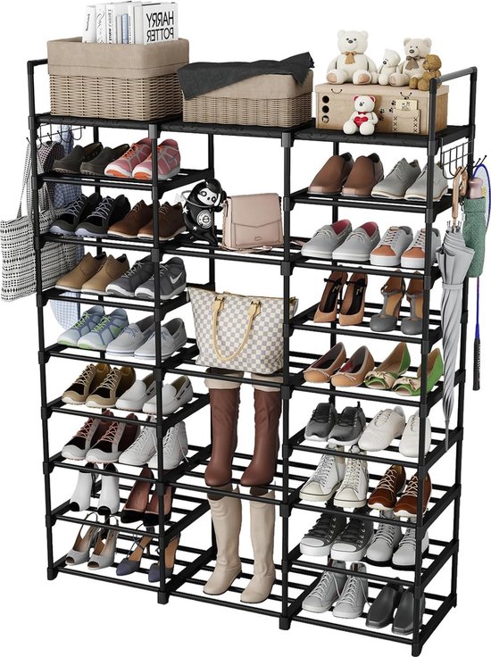 Schoenenrek met 9 niveaus, DIY metalen schoenenrekken, 50-55 paar schoenen op te bergen, staande schoenenkast met haken voor woonkamer, kleedkamer en hal - Zwart