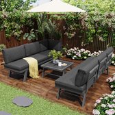 Sweiko Aluminium tuinloungeset, tuinmeubelset, loungeset voor 5-6 personen, 2-hoekbanken, 1-tafel inclusief 11-donkergrijs kussens, wit aluminium frame met beschermvoeten
