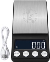 Kitchenwell digitale mini precisie keukenweegschaal - 0,01 tot 200 gram - 14.2 x 7.5 cm - pocket scale USB oplaadbaar - weegschaal keuken - zwart