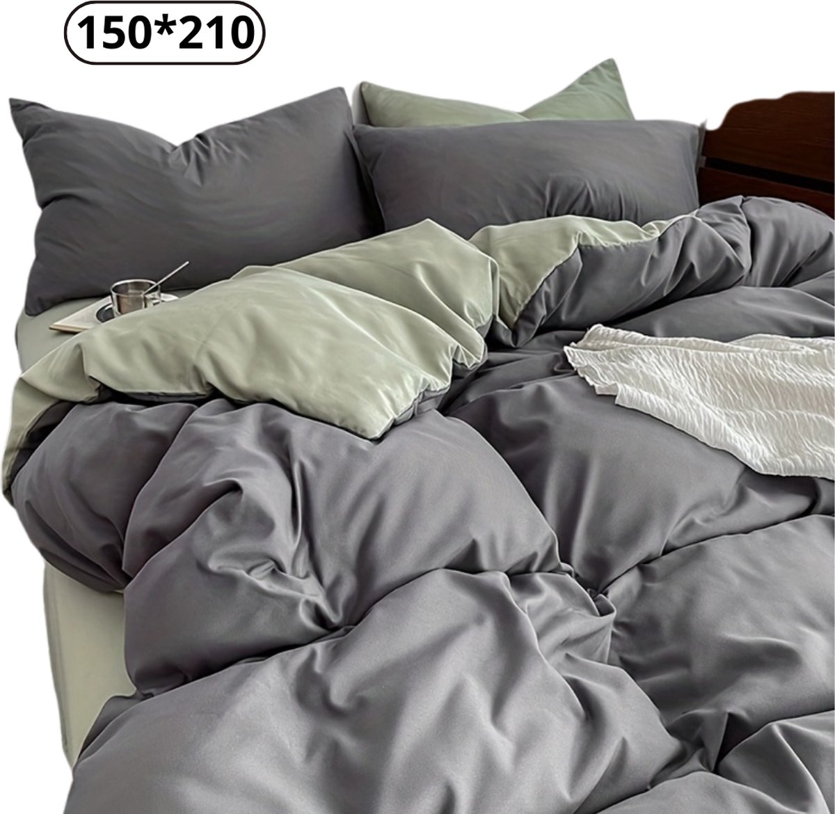 Livano Fleece Dekbedovertrek - Fluffy Dekbedovertrek - Pluche - Dekbed - Deken - Inclusief Kussens - Grijs & Groen 150x210cm