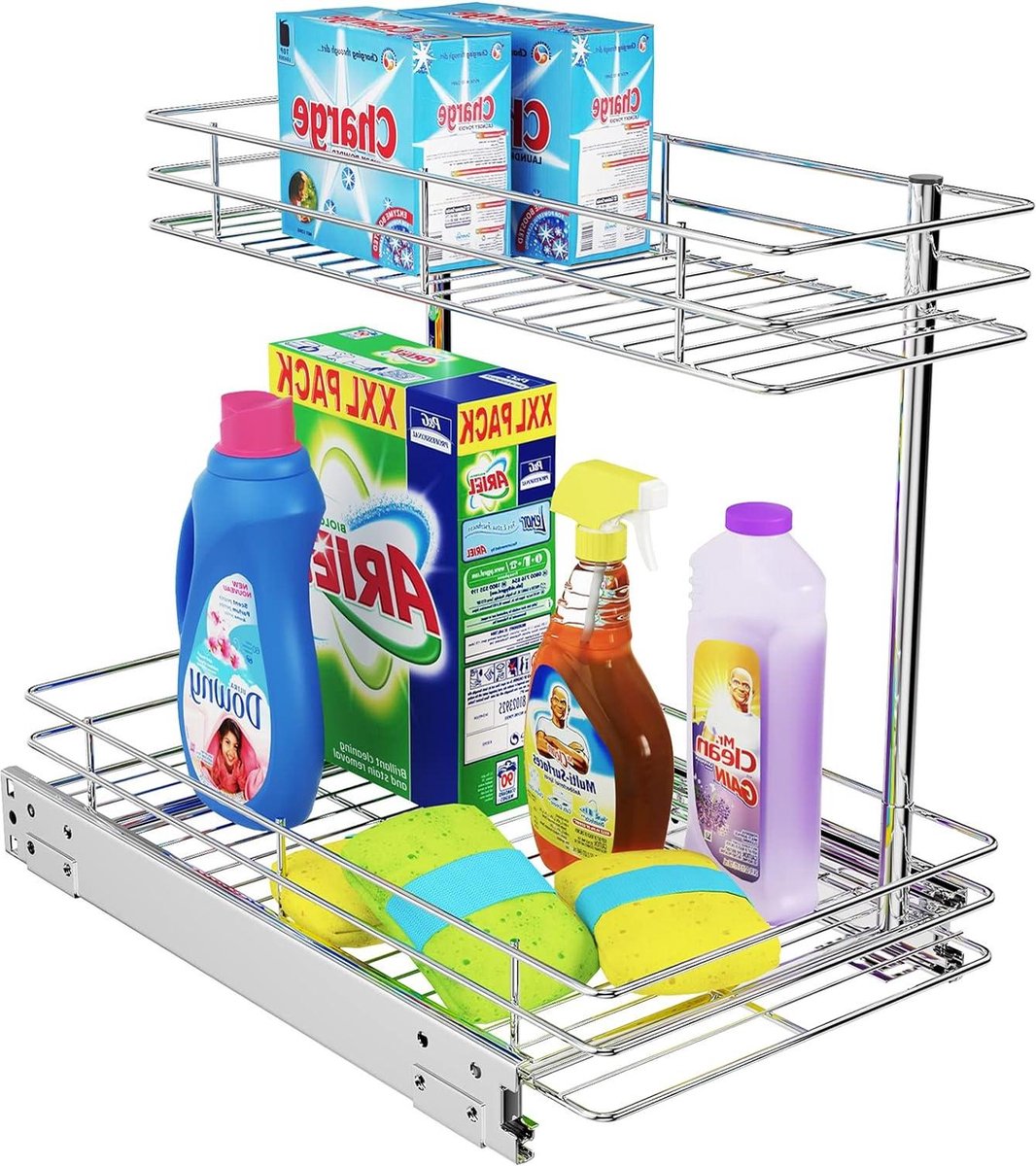 WROBTLD Opgewaardeerde organizer voor onder de gootsteen, 2-laags uittrekbare kruidenmand, uitschuifbare metalen lade van gaas, multifunctionele planken voor keukens, badkamers, bijkeuken, werkbladen