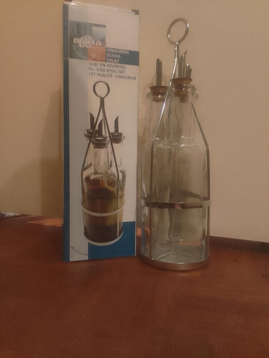 Roma Olie- en Azijnstel - 3 delig - met schenktuit - glas / metaal / kurk