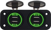 ProRide® 12V USB Stopcontact 4 Poorten - 5V/2.1A - Tweevoudig Inbouw - USB Autolader, Boot en Camper - Groen