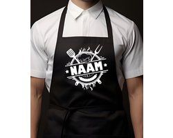 Keukenschort Zwart - Gepersonaliseerd Met Jouw Naam | 65x90cm | 100% katoen | Schort / Keukenschorten | Verjaardags cadeau | BBQ - VADERDAG - MOEDERDAG - Met tekst
