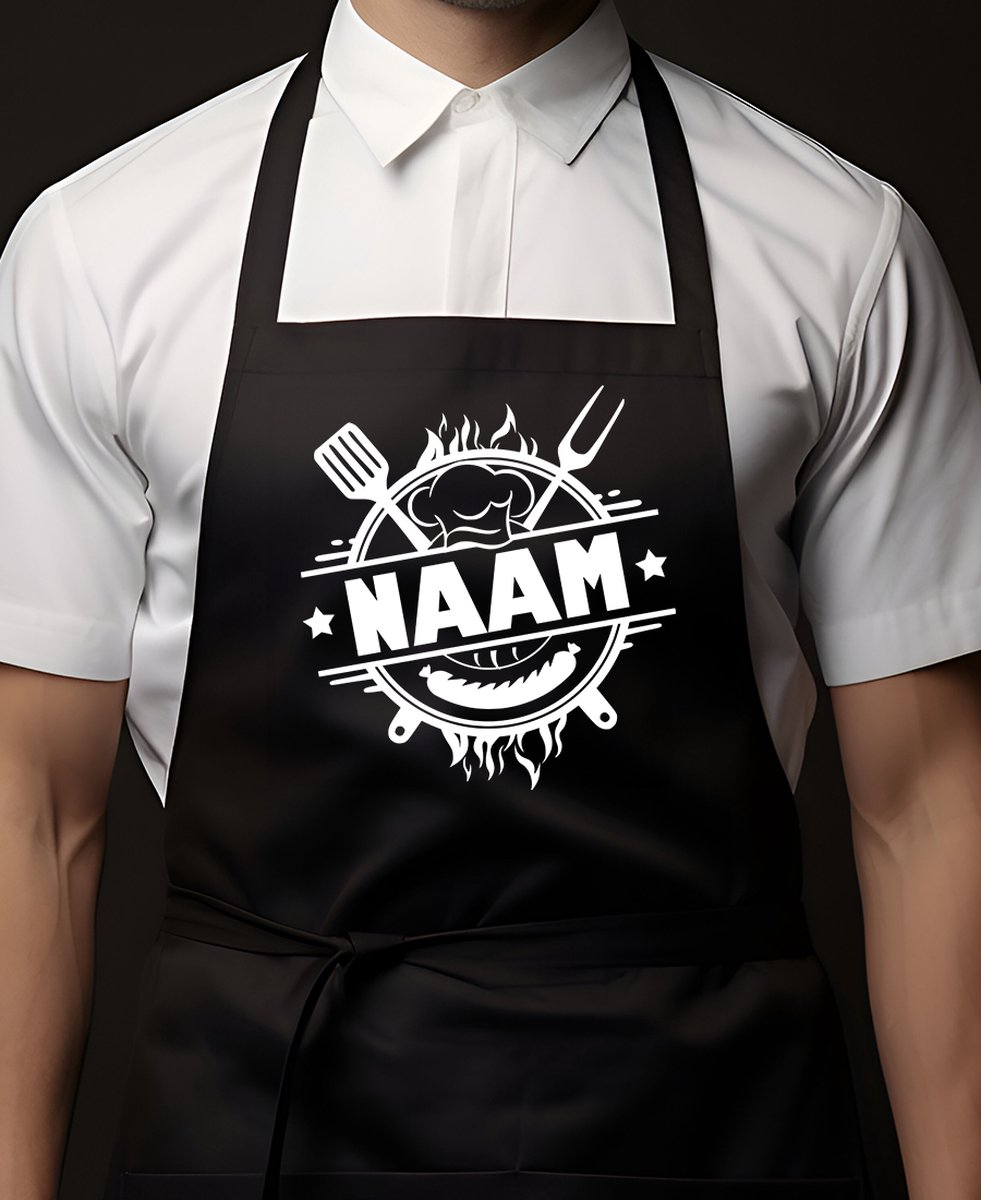Keukenschort Zwart - Gepersonaliseerd Met Jouw Naam | 65x90cm | 100% katoen | Schort / Keukenschorten | Verjaardags cadeau | BBQ - VADERDAG - MOEDERDAG - Met tekst