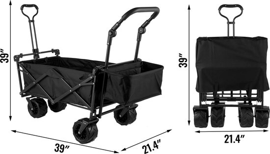 Collox Trolley - Luxe Grote Zwarte Bolderkar - Opvouwbaar Luchtbanden - Tuinkar Kindervervoer - Strandkar met Dak - 100Kg Draagvermogen - 100x55cm — afbeelding 2