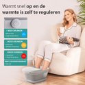 Vrouw in pyjama zit in een stoel, voeten in voetenbad. Blauw, geel en rood licht indicatie met temperaturen.