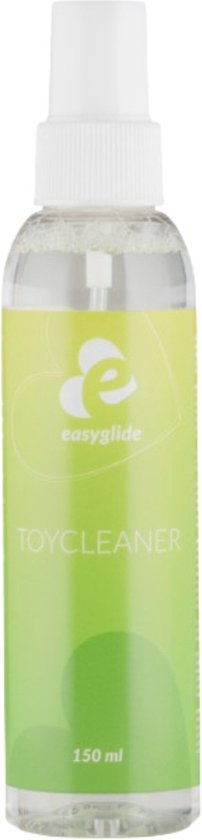 Bouteille EasyGlide Toycleaner 150 ml debout avec étiquette verte et jaune, bouchon blanc et buse, sur fond blanc.