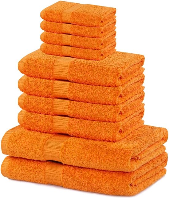 Marina Set van 10 katoenen kwaliteit 525 g/m² 4 gastendoekjes 30 x 50 cm, 4 handdoeken 50 x 100 cm en 2 badhanddoeken 70 x 140 cm, oranje, absorberend