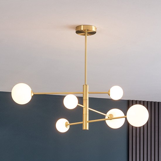Plafonnier Design doré avec verre blanc laiteux, 6 lumières - Sest