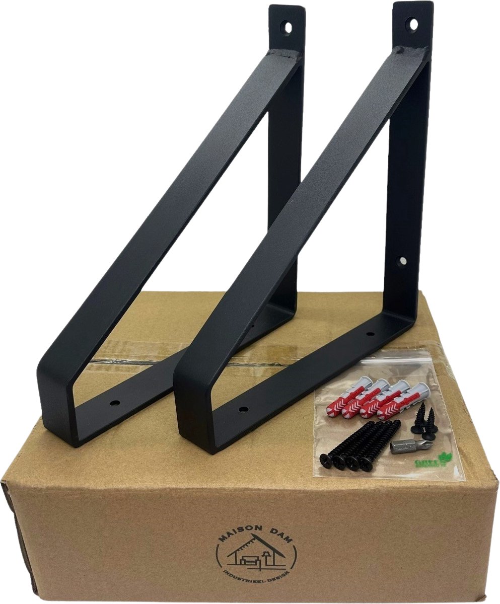 Maison DAM - Plankdragers industrieel - Mat zwart - Plankdragers voor plank 20cm - incl. bevestigingsmateriaal + schroefbit- Metaal strip 3cm breed