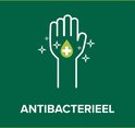 Witte hand met een groene druppel en een plus-icoon. Omringd door glinsterende sterren. Tekst: 'Antibactérieel'.