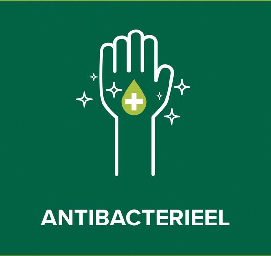 Witte hand met een groene druppel en een plus-icoon. Omringd door glinsterende sterren. Tekst: 'Antibactérieel'.