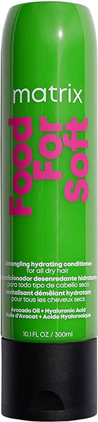 Flacon vert de revitalisant Matrix Food For Soft avec texte rose.