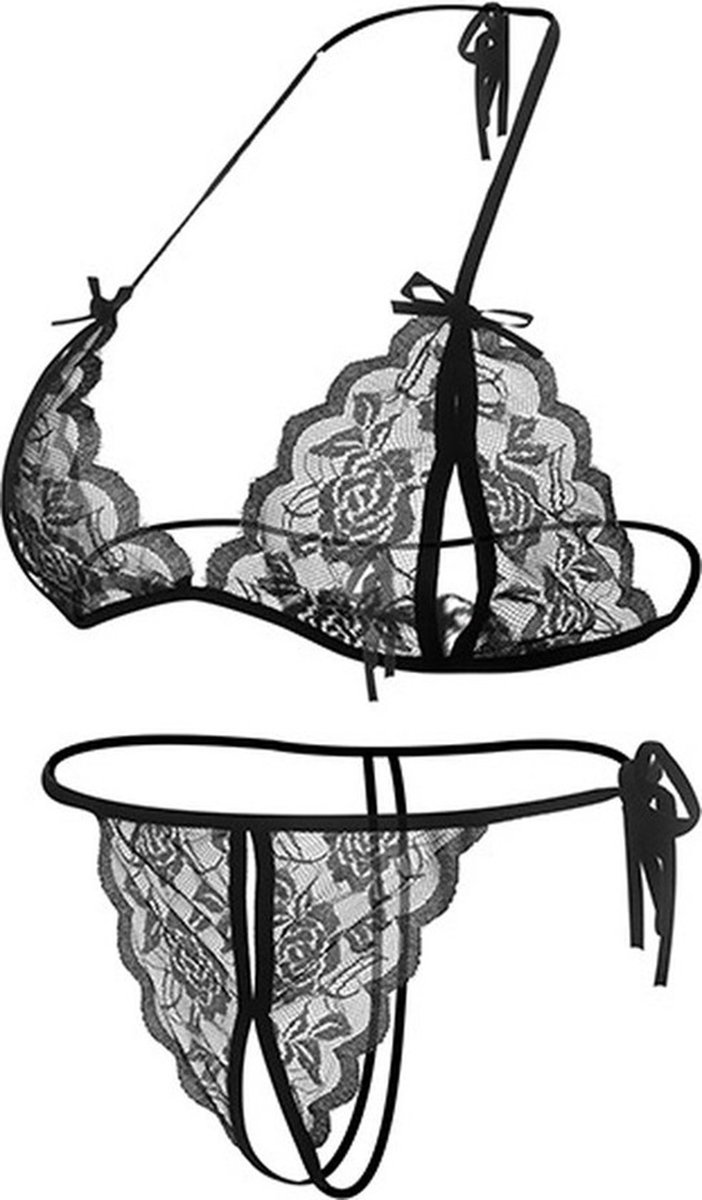 Goedkoopste Erotische Lingerieset I Sexy Kanten Lingerie Set I Open Kruis I Top Slip I One Size I Zwart