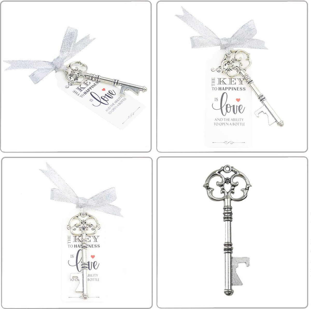52 stks Rustiek Vintage Skelet Sleutel flesopener Bruilofts Gunsten Gast Souvenir Cadeauset met Bedanktag en Lint (Antiek Zilver)