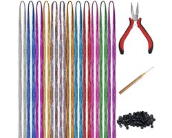 foto van Belle Vous 2400 Pak Glitter Haar Extensie Set – 12 Kleuren – Synthetische Glitter Haar Set met Gereedschap – Glanzend Recht Regenboog Haarstukken Voor Feeën Haar, Feest Accessoires en Decoratie