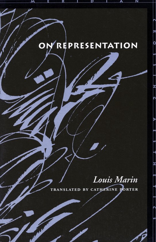 Couverture de livre noire avec titre blanc On Representation, calligraphie bleue abstraite et texte de Louis Marin.