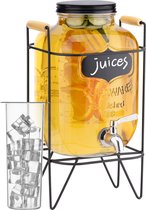 Navaris glazen limonadetap met kraantje - Drankdispenser met metalen standaard - Met Ijs en fruit infuser - Sapdispenser - 5L - 43 x 26,5 x 24 cm