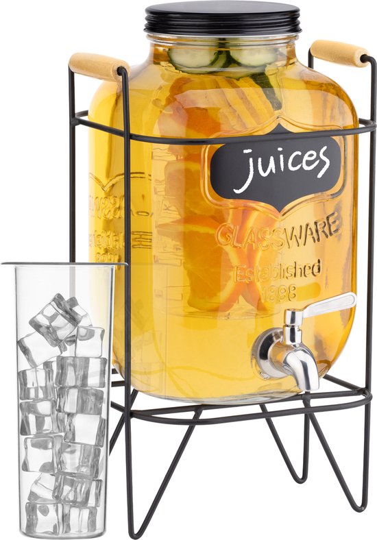 Foto: Navaris glazen limonadetap met kraantje drankdispenser met metalen standaard met ijs en fruit infuser sapdispenser 5l 43 x 26 5 x 24 cm