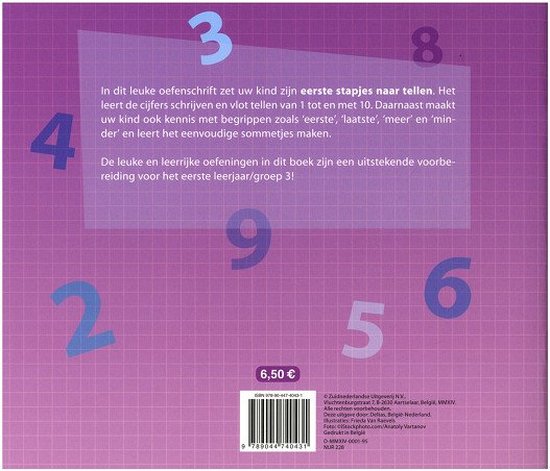 Achterkant van oefenschrift 'Mijn oefenschrift: Eerste stappen naar tellen' met paarse raster achtergrond en grote paarse cijfers.