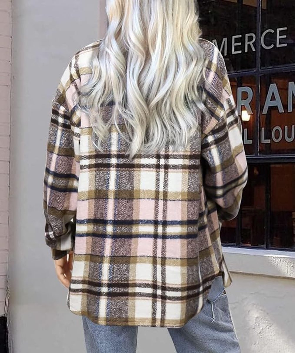 Zeagoo Hemdjack voor dames, geruit, lange mouwen, losse shacket, flanel, jas met knopen, overgangsjas, XS-XXL, lichtgrijs, L