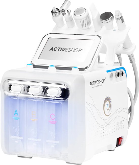 Wit huidverzorgingsapparaat met drie flacons (A, B, C), een touchscreen en diverse opzetstukken bovenop.