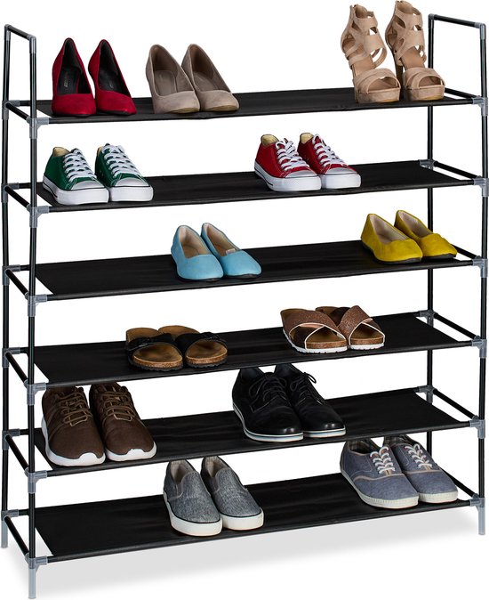 Relaxdays schoenenrek - 1 m breed - stalen opbergrek schoenen - stoffen etages - gang - 6 etages