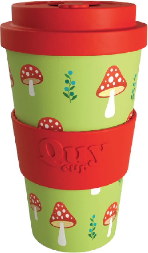 Quy Cup Gobelet de voyage écologique 400ml - "Fungo" - Bouteilles recyclées avec couvercle en silicone rouge 9x9xH15cm