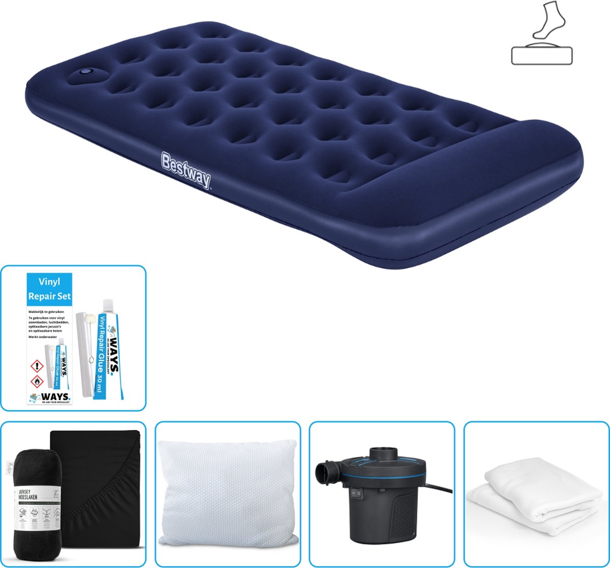 Bestway luchtbed - 1-Persoons - 99 x 188 x 28 cm - Blauw - Inclusief pomp - Hoeslaken - Kussen - Kussenbeschermer - Pomp en Reparatieset