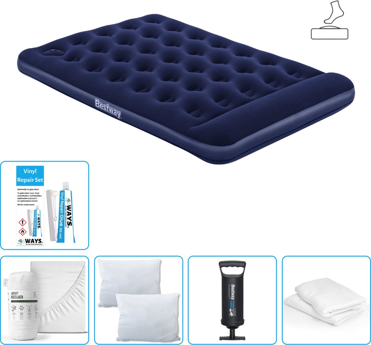 Bestway luchtbed - Twijfelaar - 137 x 191 x 28 cm - Blauw - Inclusief pomp - Hoeslaken - Kussen - Kussenbeschermer - Pomp en Reparatieset