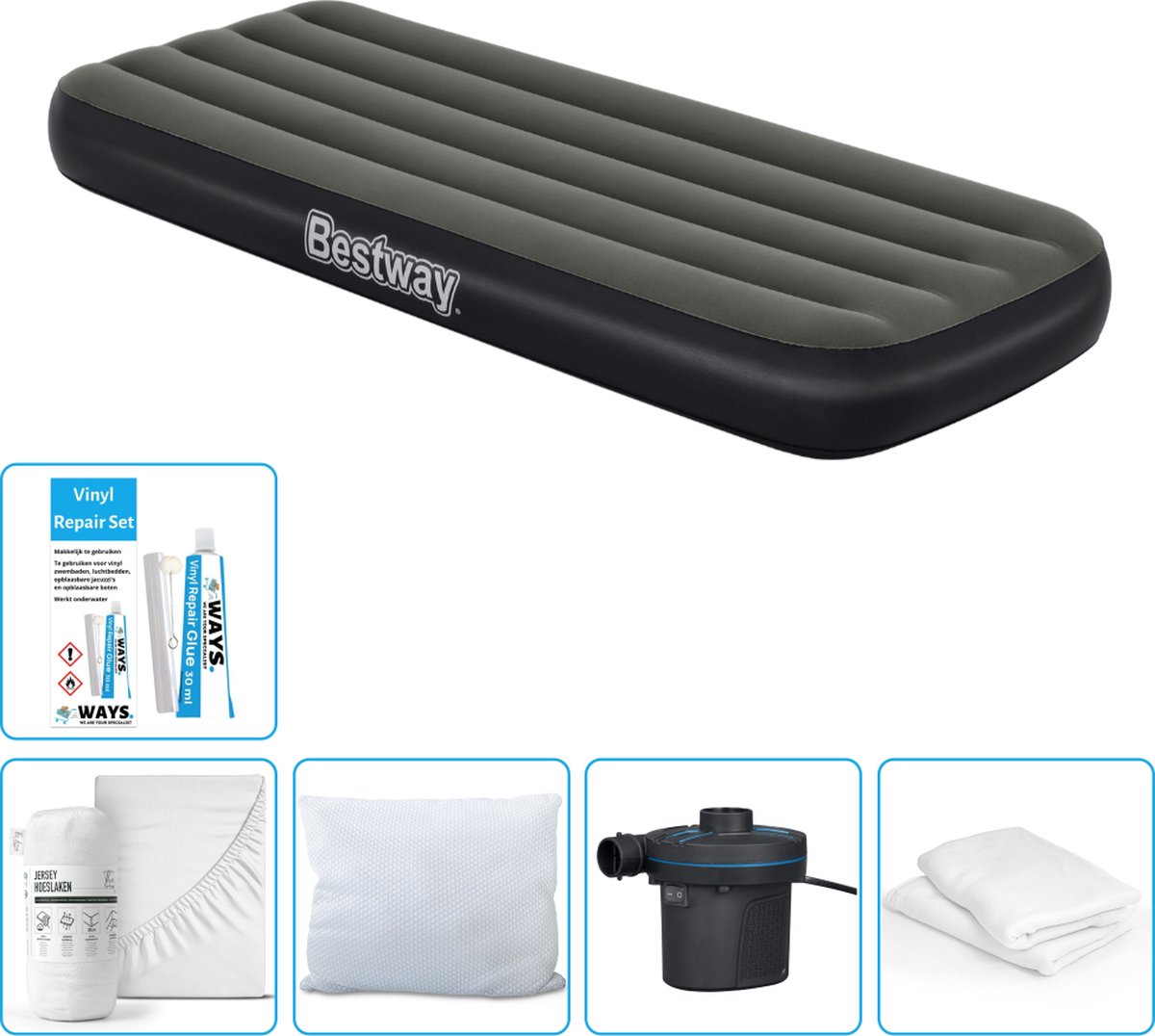 Bestway luchtbed - 1-Persoons - 76 x 185 x 25 cm - Groen - Inclusief Hoeslaken - Kussen - Kussenbeschermer - Pomp en Reparatieset